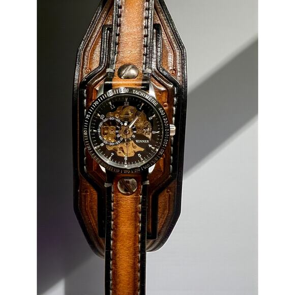 Winner Mechanical Skeleton Watch-Wide Leather Cuff Band-Steampunk-Mens-Gothic - Picture 6 of 8
